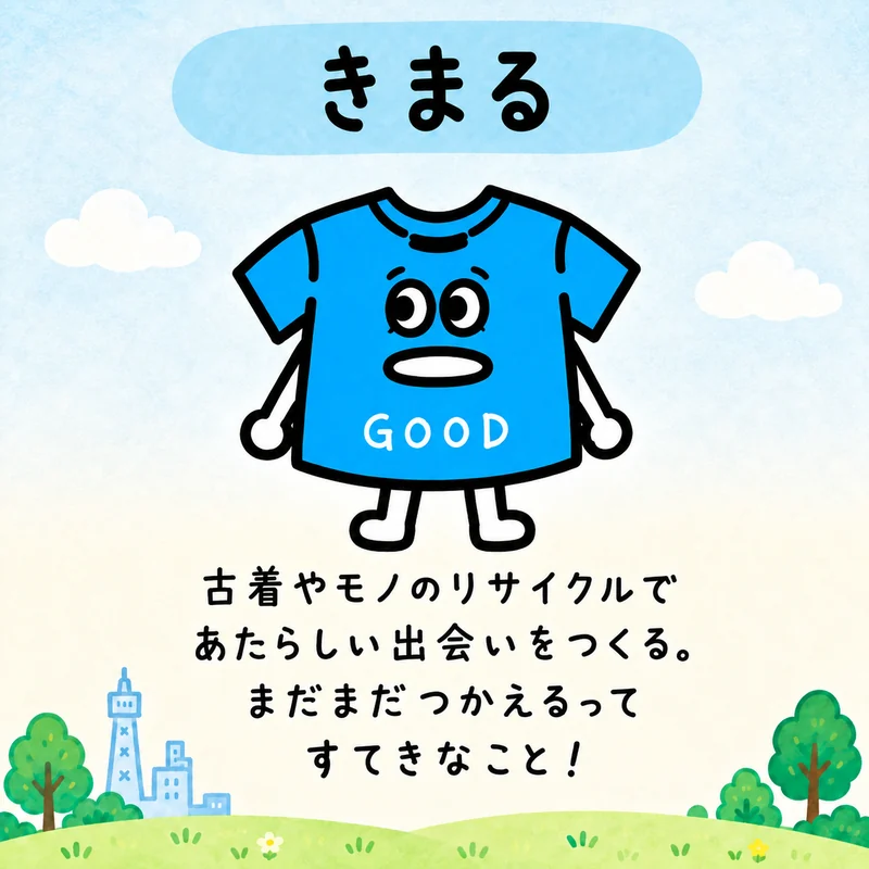 きまる。古着やモノのリサイクルで、あたらしい出会いをつくる。まだまだつかえるって、すてきなこと！