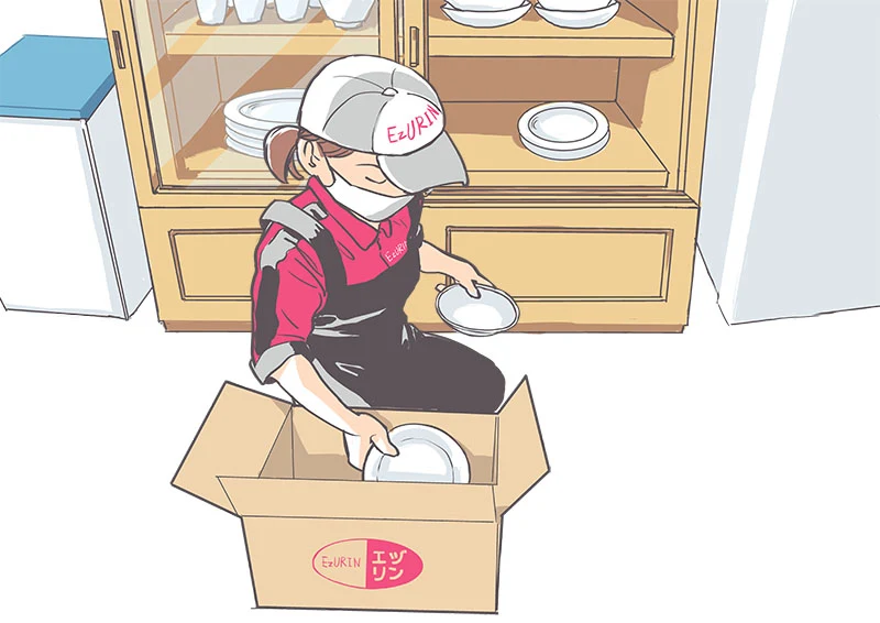 引越しの荷造りで食器を箱に詰める女性のイラスト