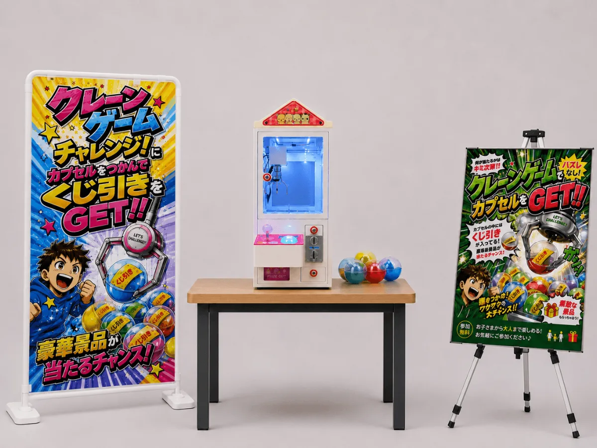 クレーンゲーム機と案内ポスターを並べた会場の様子
