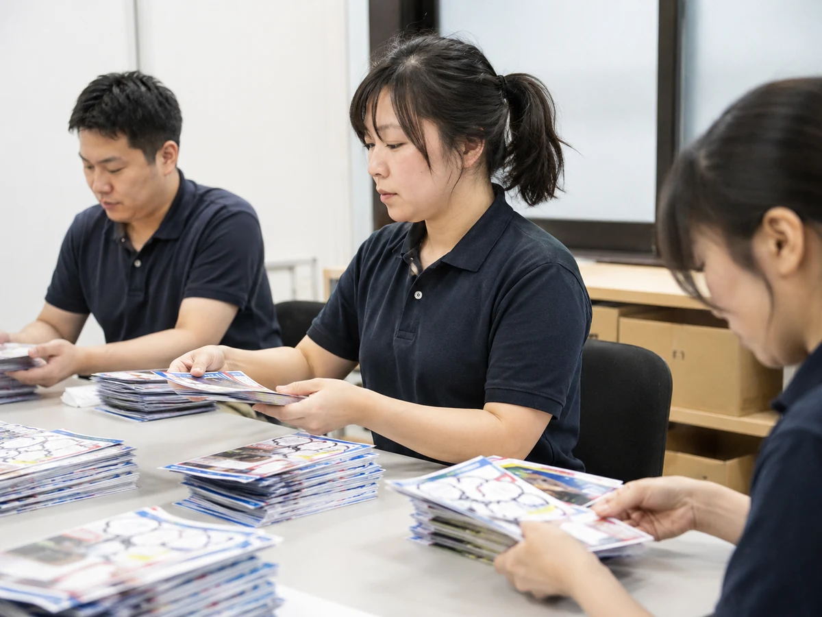 チラシを一枚ずつ仕分けるスタッフ