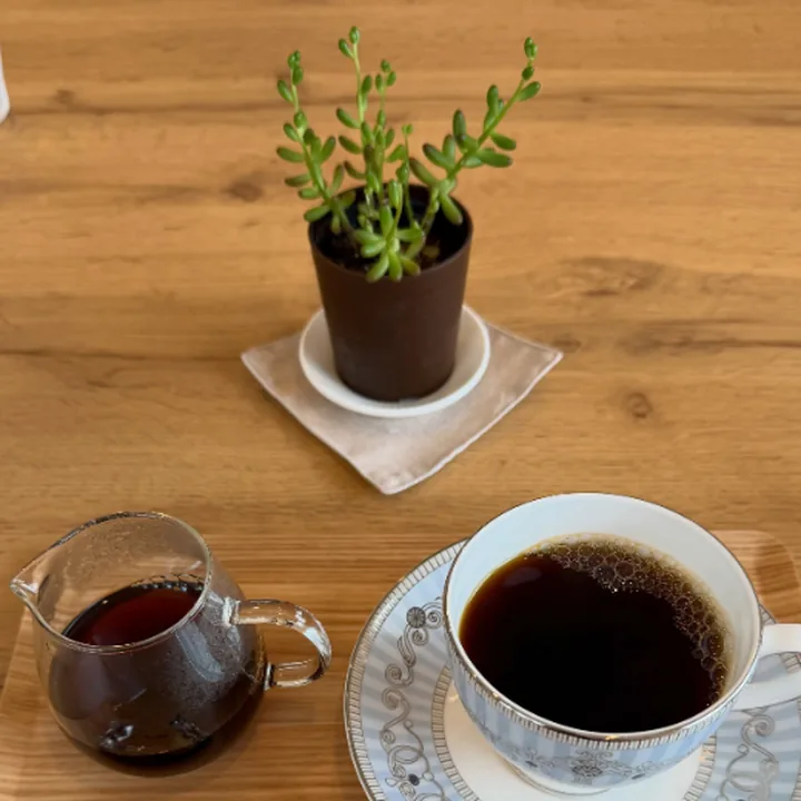 木のトレーに並んだ、ポットのコーヒーとカップ、観葉植物の小さな鉢