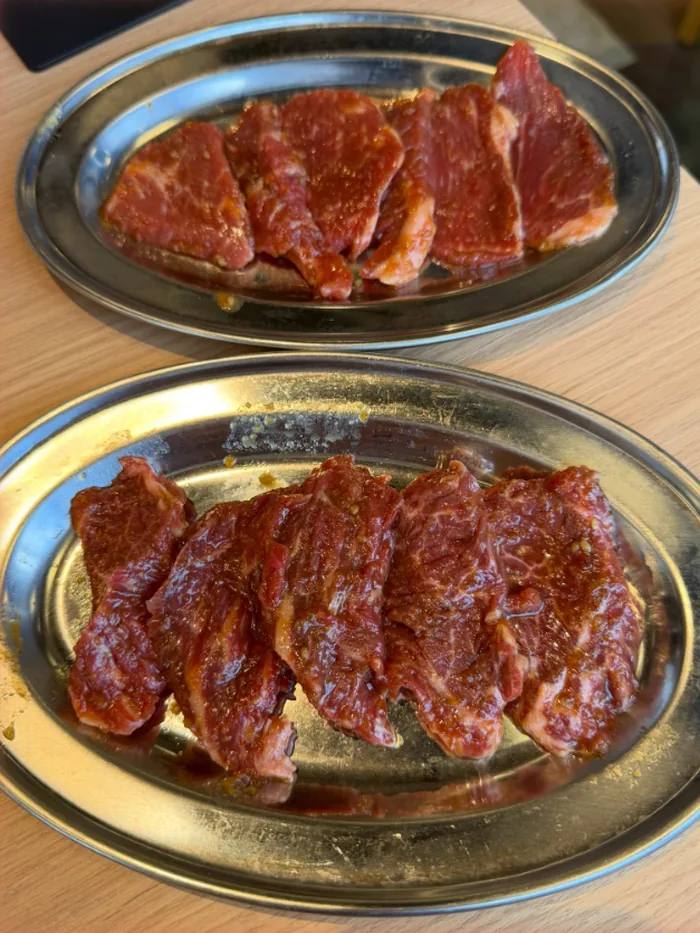 二つの皿に並んだ、たれをまとった焼肉用の牛肉