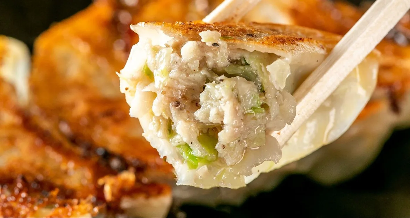 焼き上げたオリオン餃子の断面。肉汁を含んだ餡と、薄めの皮