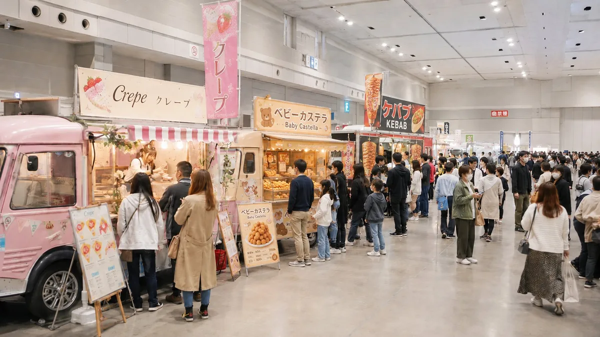 マロニエプラザの屋内会場に並ぶキッチンカーと、行列に並ぶ来場者の様子