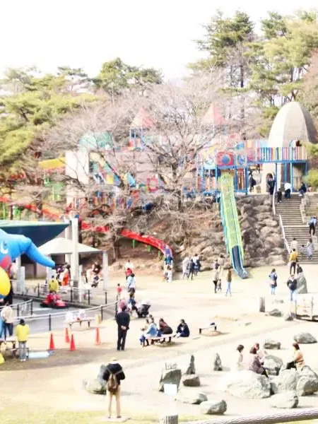 桜の木の下で、親子連れがのんびり過ごす公園の広場