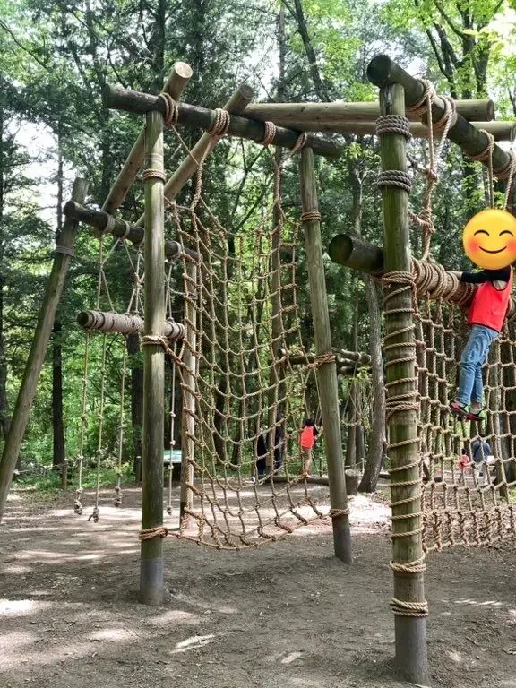 木々に囲まれた森の中の、丸太でできたアスレチック