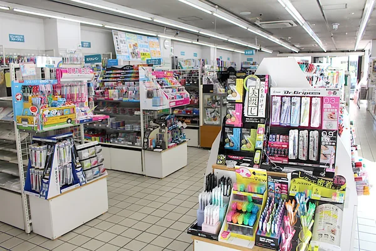 上野文具本店1階の売場。筆記具や文房具が棚に並ぶ