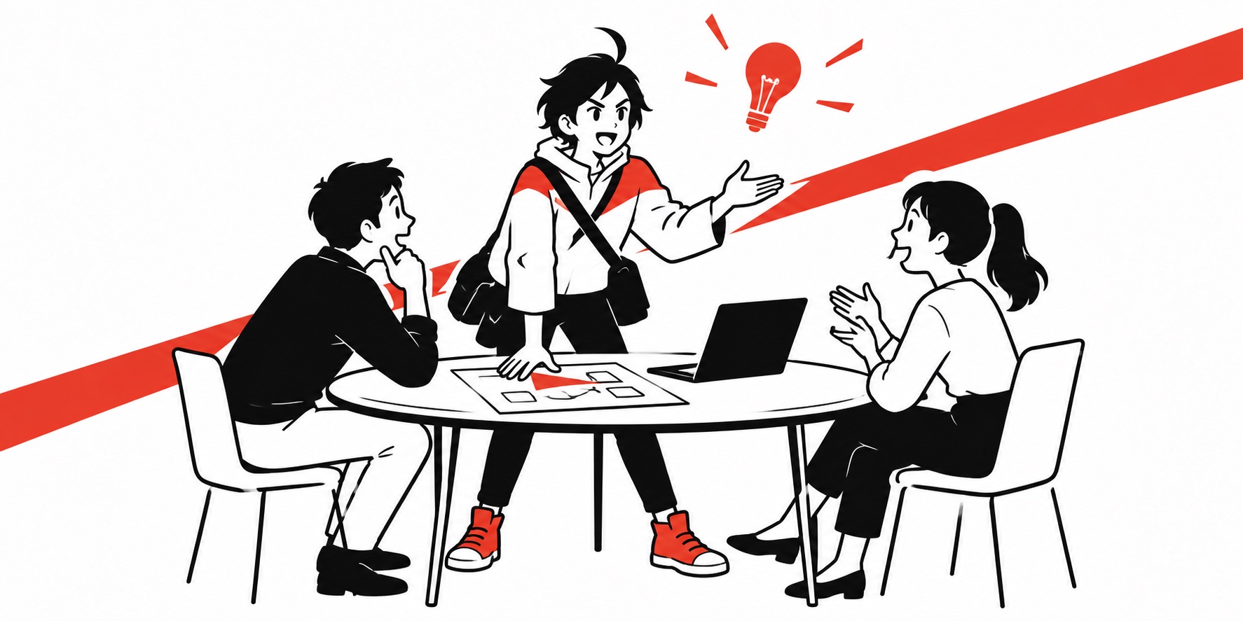 仲間と地域の事業アイデアを発表するキャラクターのイラスト