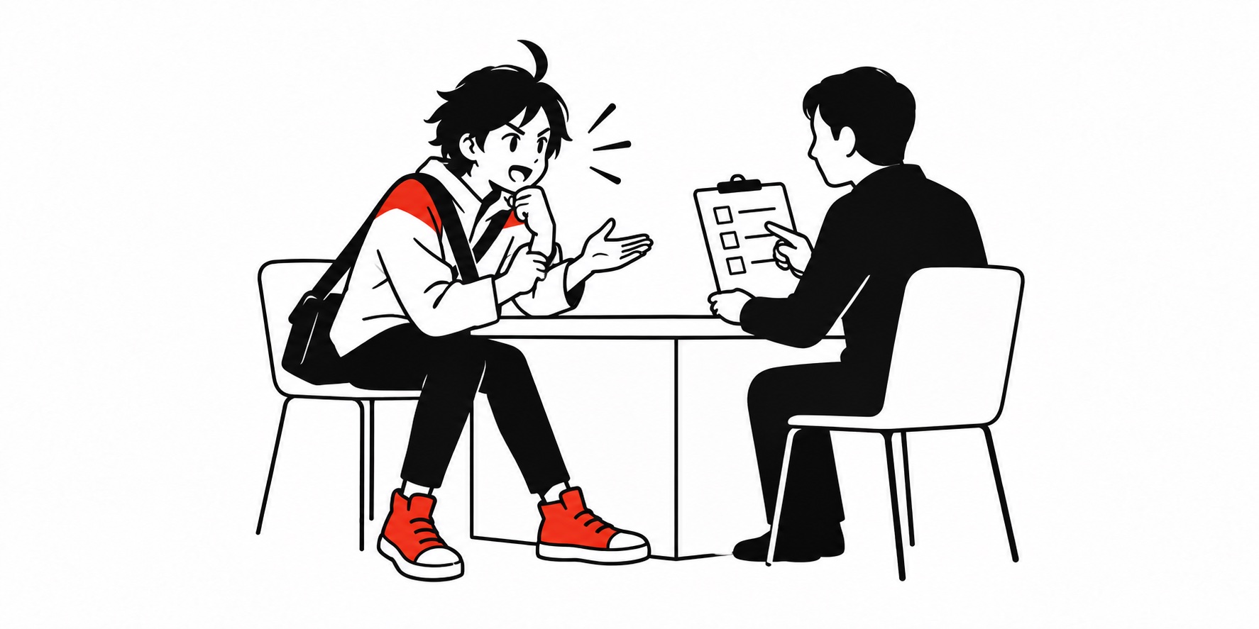自治体の窓口で支援制度を相談するキャラクターのイラスト