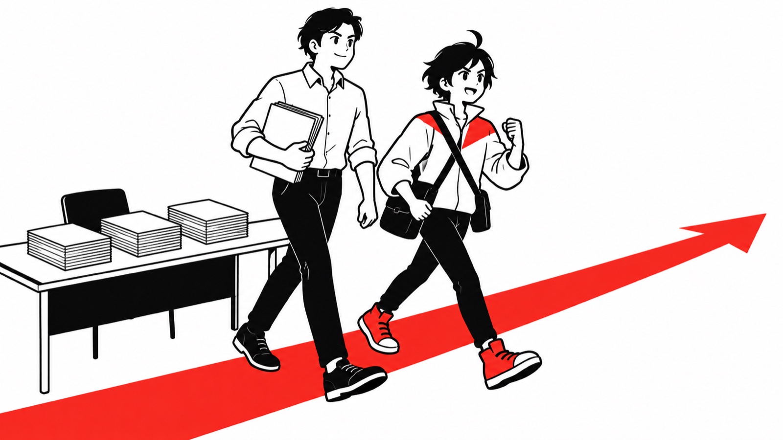 三種類の紙を机に並べ、次の確認へ向かうビジュくんとパートナーのイメージイラスト