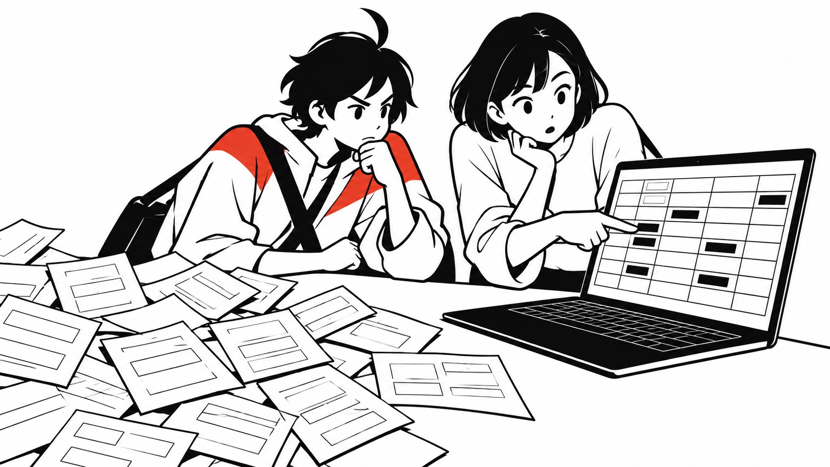 整った表と、空欄の多い手書きカードを見比べるビジュくんのイメージイラスト