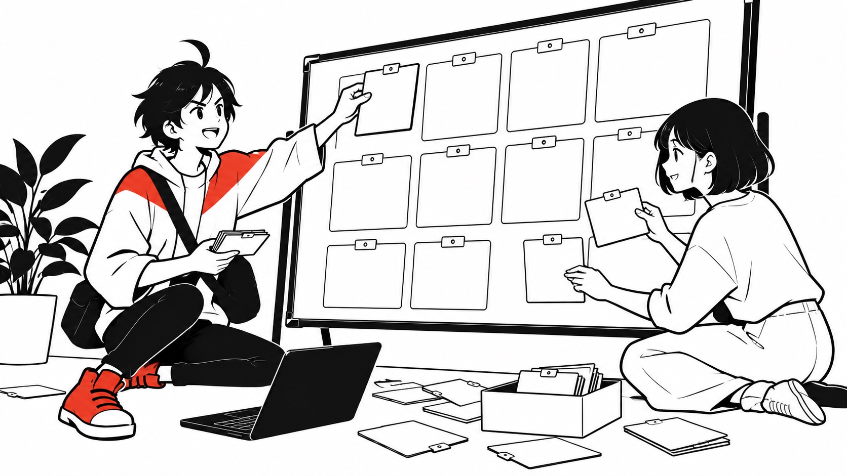 確認方法と日付のための空欄がある新しい比較表を二人で作るイメージイラスト