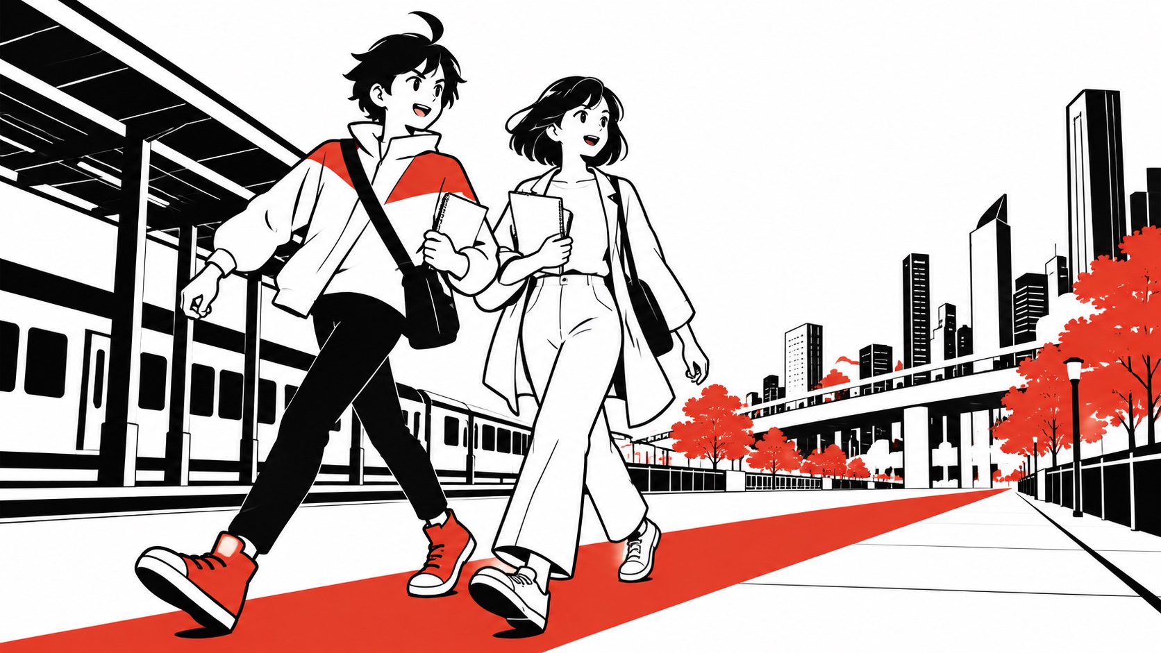完成した質問メモを持って、パートナーと次の町歩きへ向かうビジュくんのイメージイラスト
