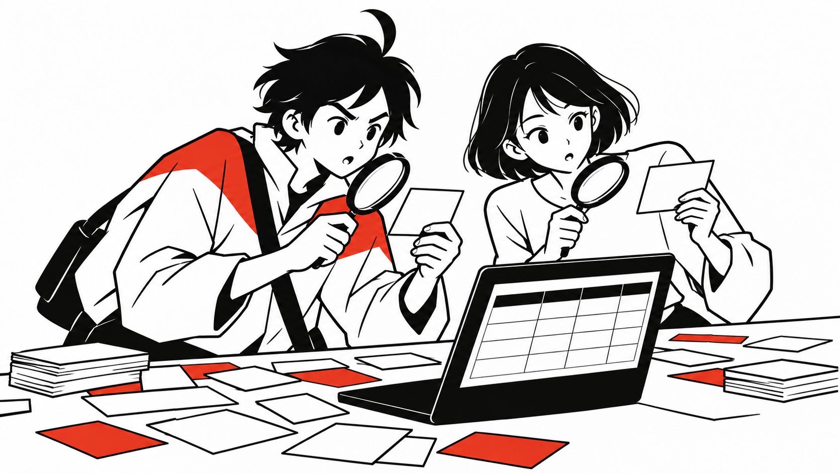 AIが作った比較表を前に、パートナーと根拠を探すビジュくんのイメージイラスト