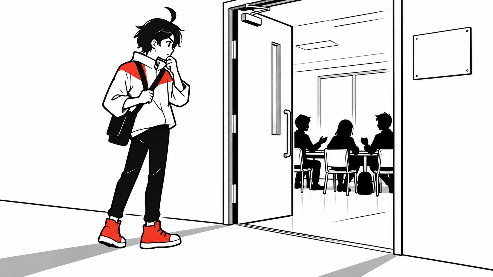 地域の集まりの入口で、一人緊張しながら会場を見つめるビジュくん