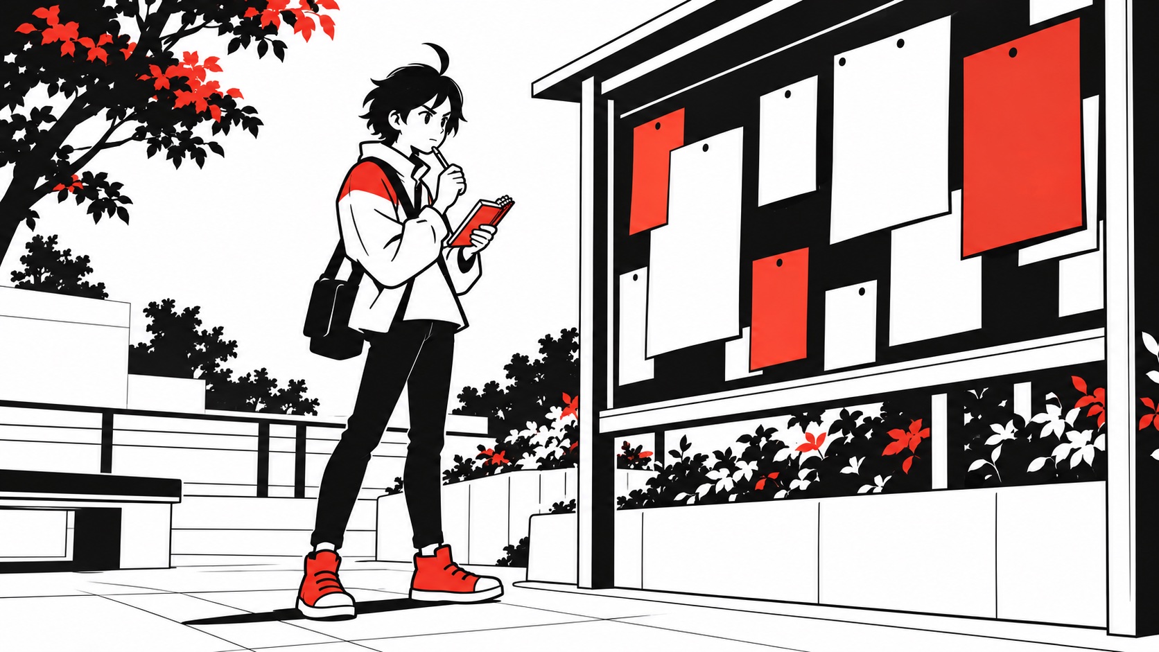 地域の掲示板を見つけ、案内を急いで撮らず手帳へ控えるビジュくんのイメージイラスト
