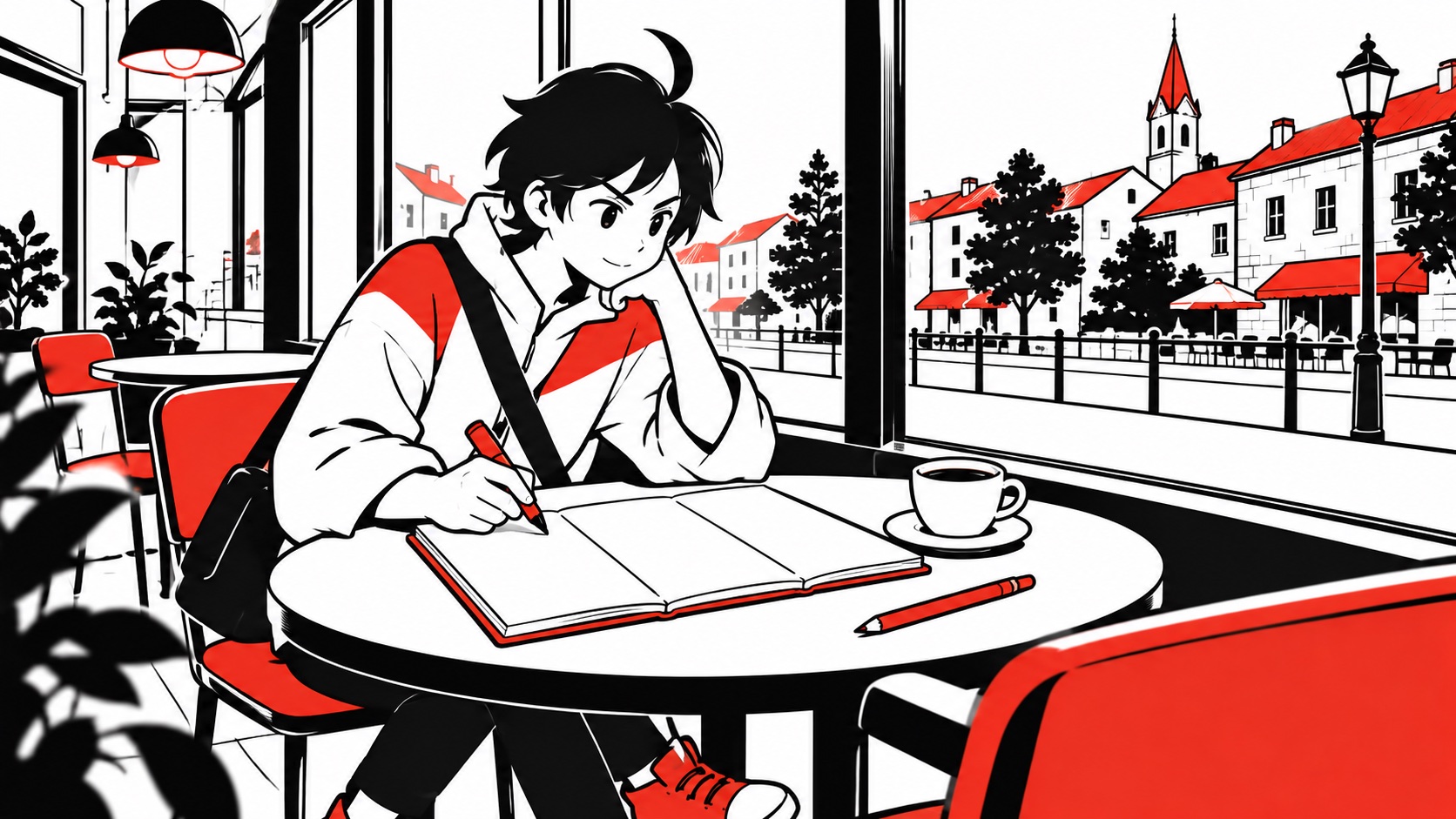 カフェの机で、町に来る理由と普通の日と未確認のことを三列に分けるビジュくんのイメージイラスト