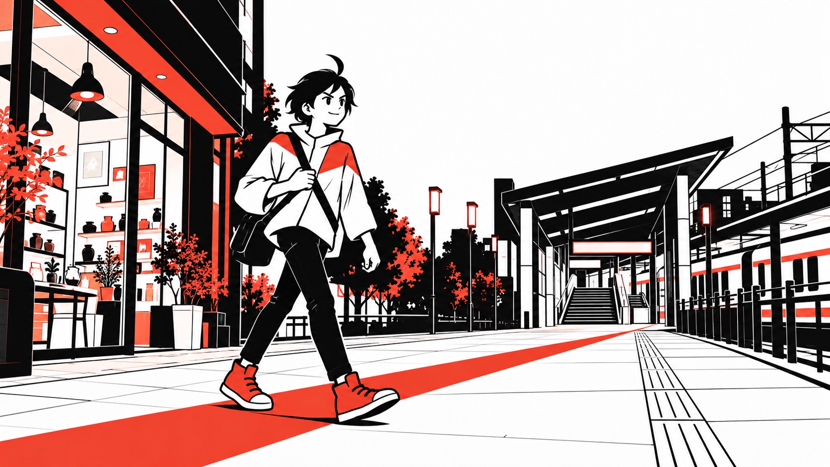 店の明かりを遠くに見ながら、自分の足で駅へ向かうビジュくんのイメージイラスト