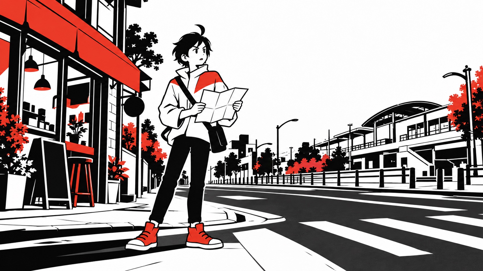 店の用事がなくなった午後、駅前で地図を持って立ち止まるビジュくんのイメージイラスト