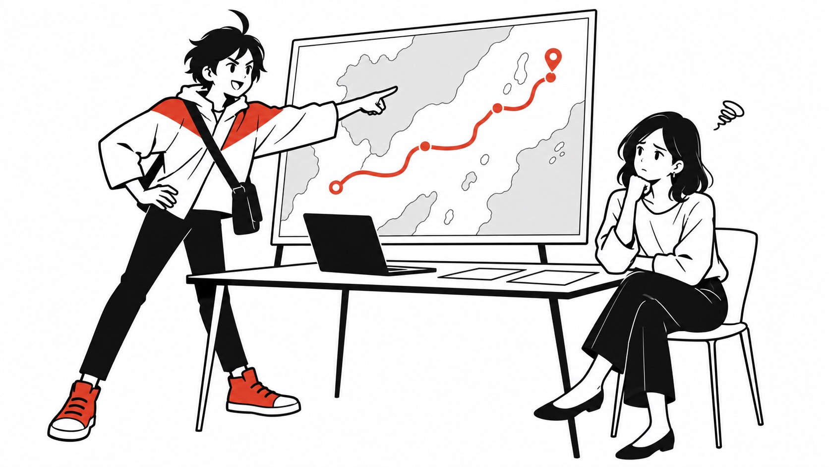 自分の行き先だけを地図で示し、パートナーの不安にまだ気づいていないビジュくん