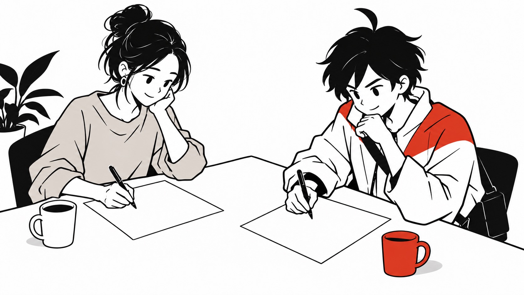 二人が別々の紙に火曜日の予定を書き出す場面