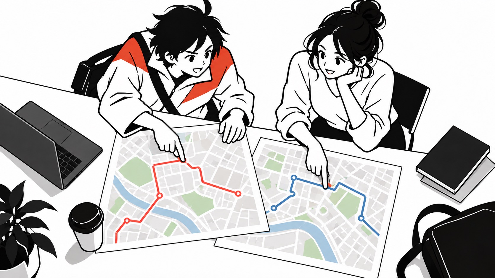 二人の通勤や買い物の道筋を地図で見比べるビジュくんとパートナー