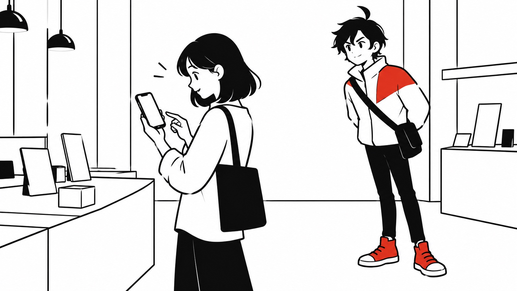 スマートフォンの案内を初めて見る協力者を、少し離れて見守るビジュくんのイメージイラスト