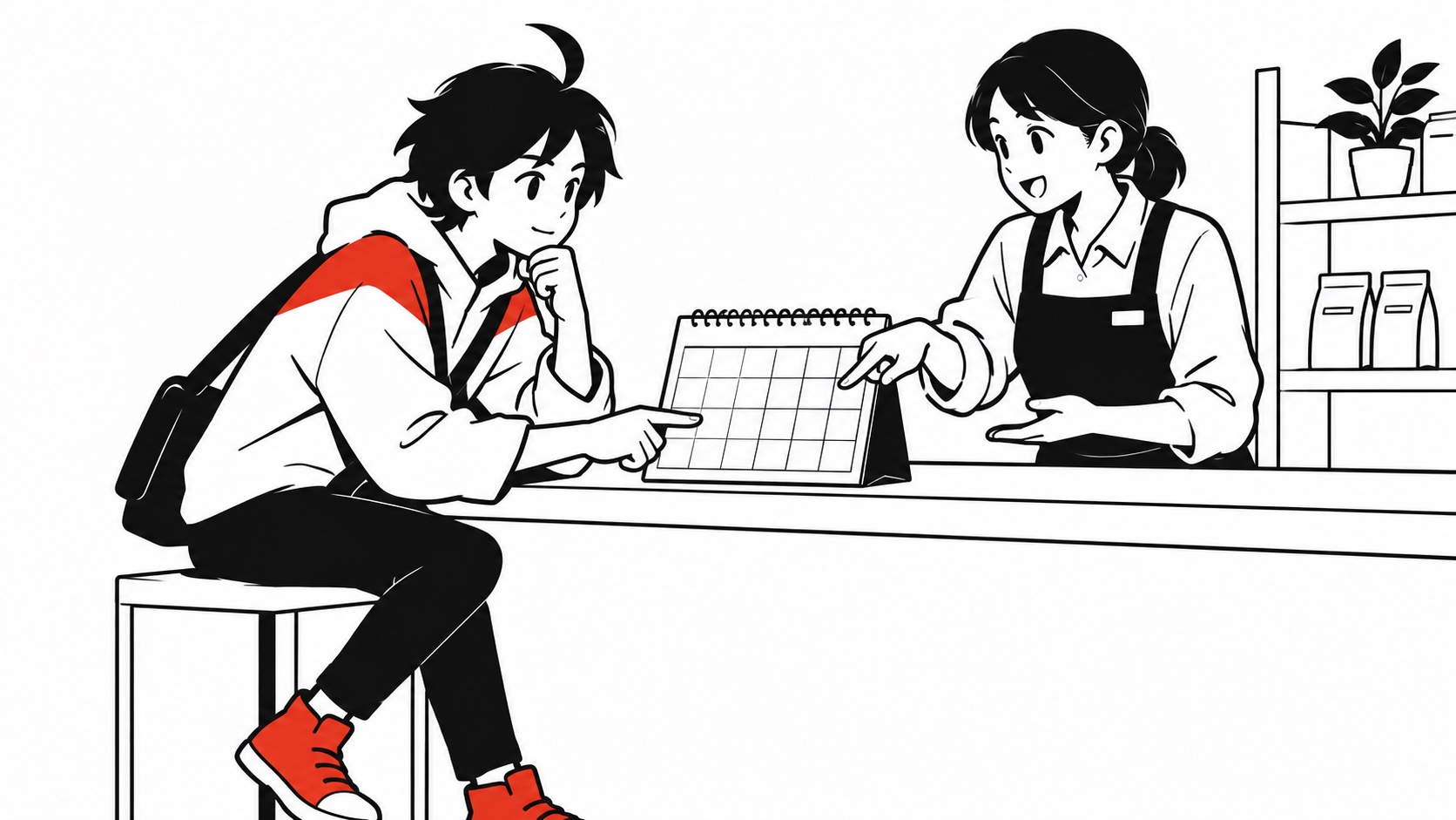 机を挟んで、相手の作業と自分の予定を聞き合うビジュくん