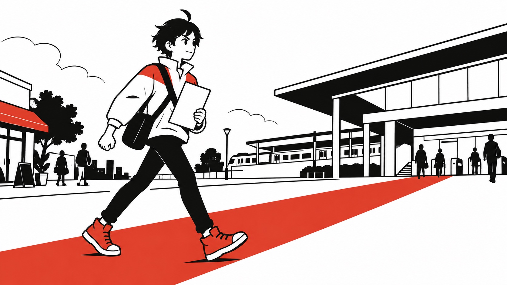 提案書を持って駅へ向かい、次の打ち合わせに備えるビジュくん