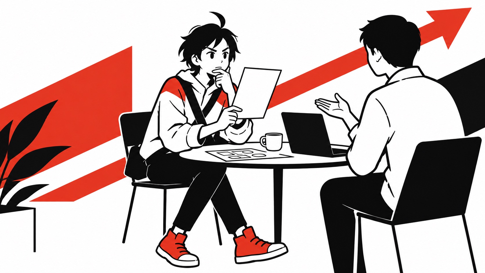 白紙の見積もりと試作を前に、考え込むビジュくん