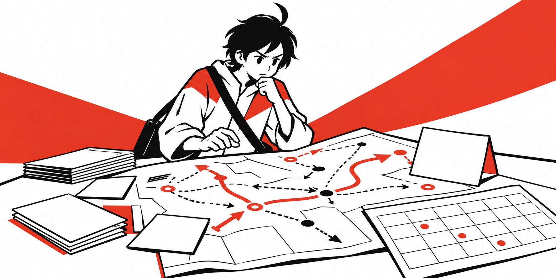 細かな時刻と矢印で埋まった地図を見て立ち止まるビジュくんのイメージイラスト