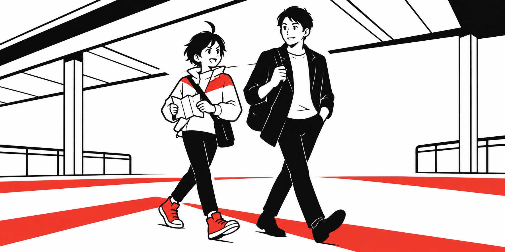 駅前で地図を閉じ、パートナーの歩く速さに合わせるビジュくんのイメージイラスト