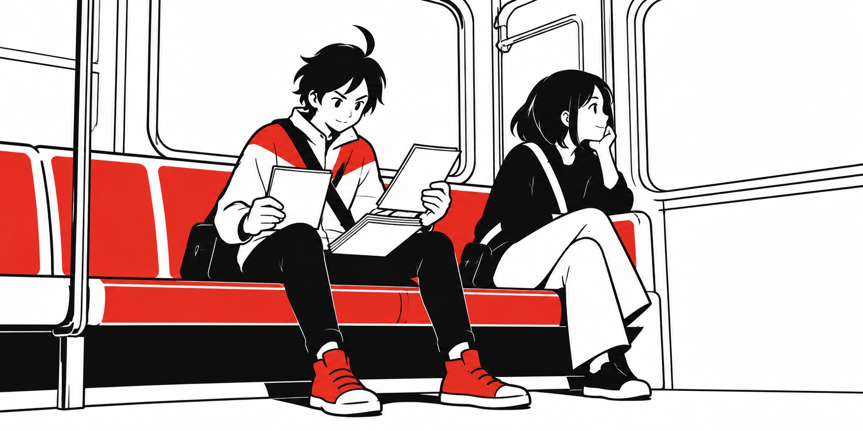 帰りの車内で三つに分けたメモを見直すビジュくんのイメージイラスト