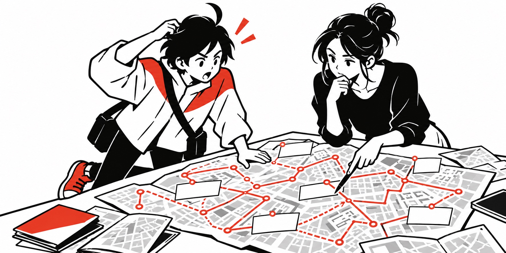 予定が詰まった町歩きの地図を前に、パートナーと考えるビジュくんのイメージイラスト