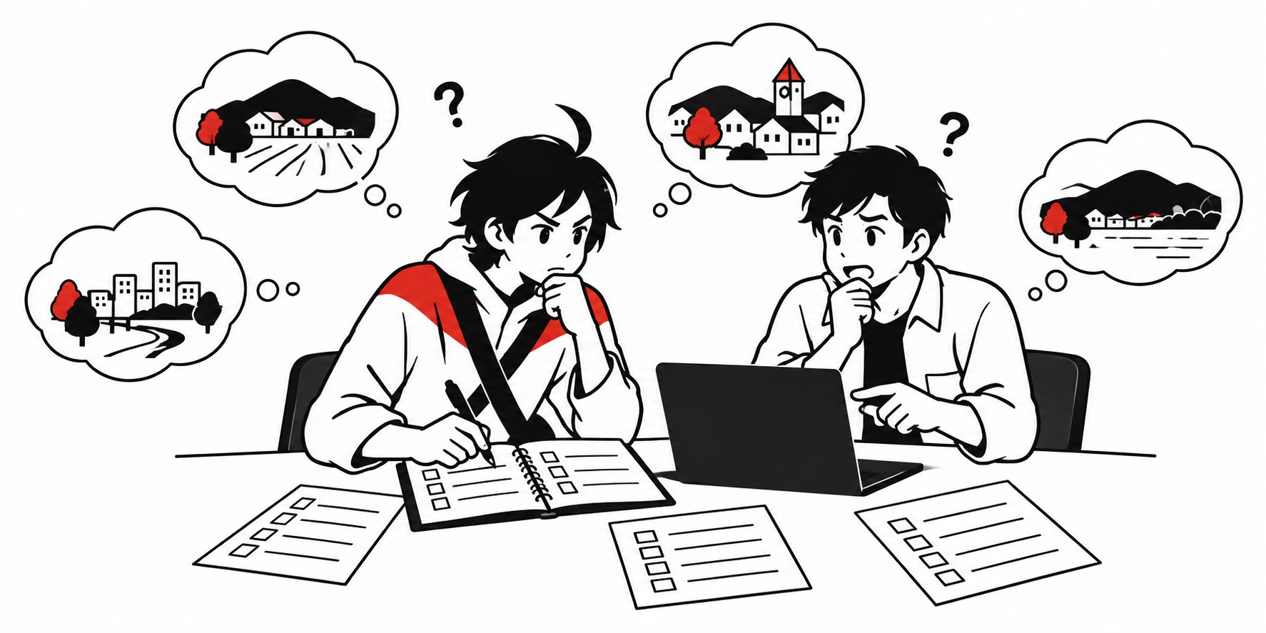 候補となる市町の支援制度と自分の条件をノートで比べる二人