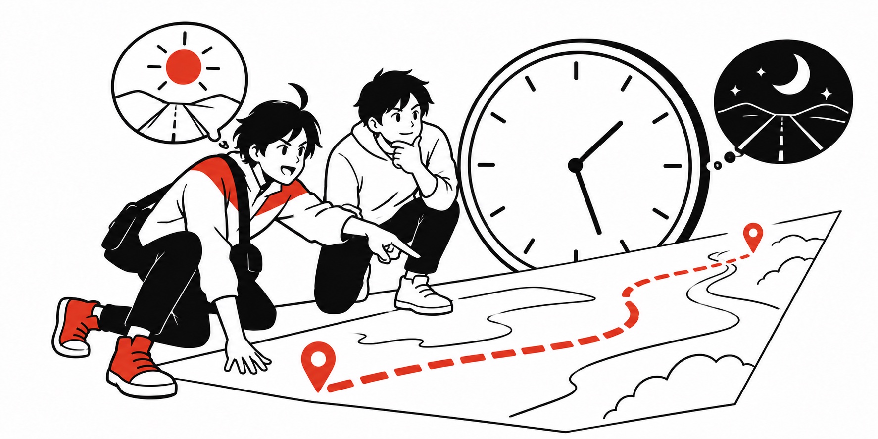 時計と道を見ながら移動にかかる時間を考えるビジュくんと友人