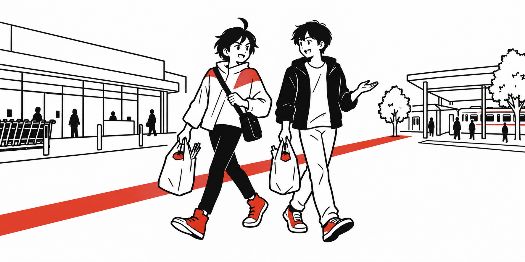 買い物をしたあとスーパーから駅まで歩く友人とビジュくん