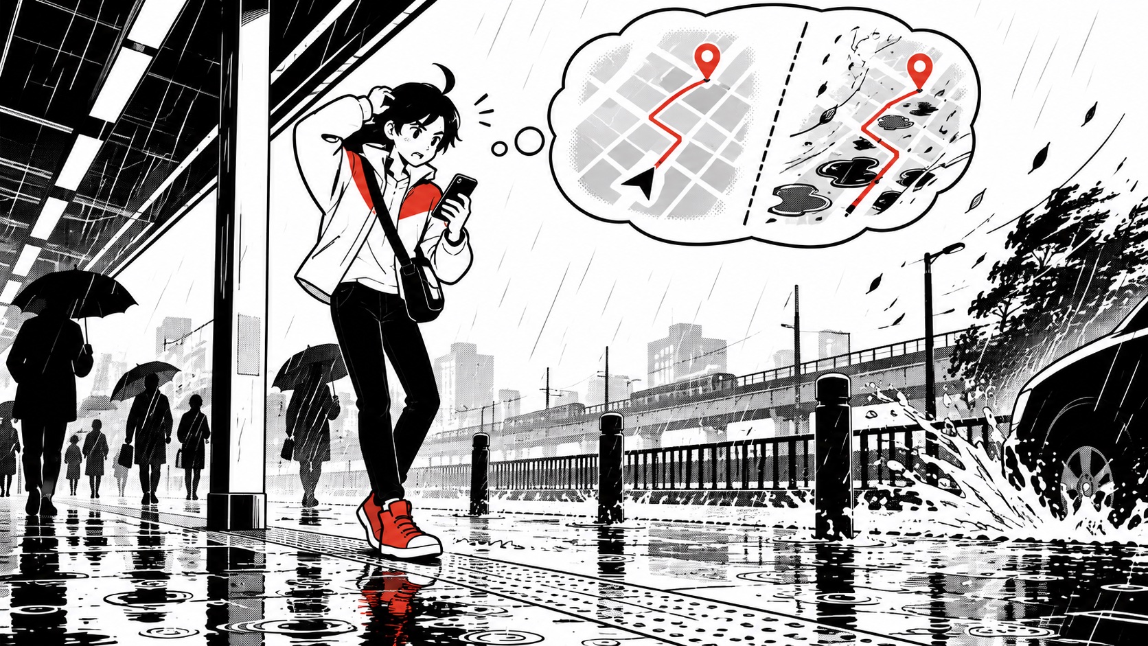 駅のひさしの下で地図と雨の降り方を確かめるビジュくん