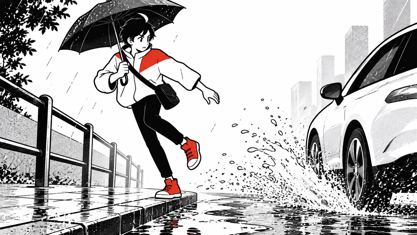 濡れた歩道を慎重に進み、車や水たまりとの距離を測るビジュくん