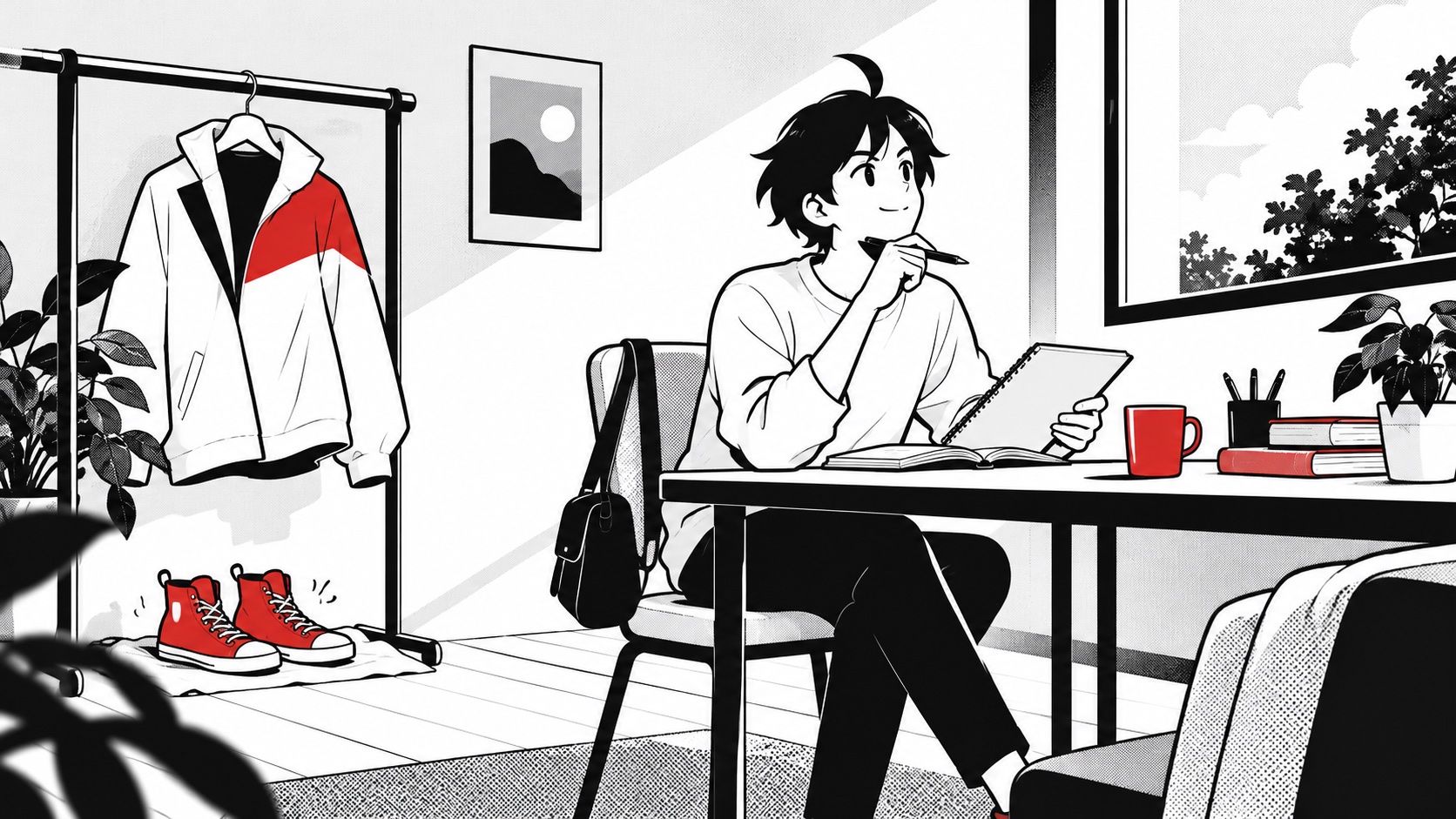 部屋で靴と上着を乾かし、雨の日の暮らしをノートにまとめるビジュくん