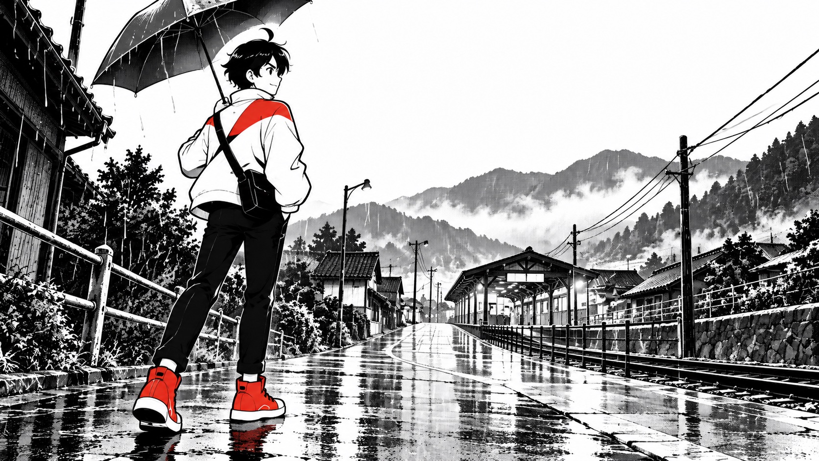 雨の街で駅への道を見つめ、暮らしを試すビジュくん