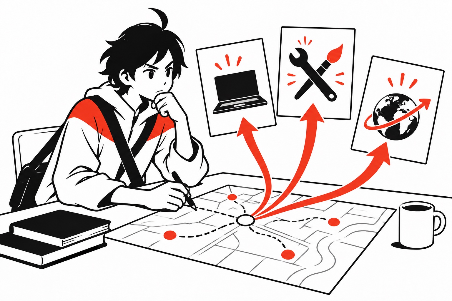 仕事と収入の三つの道を図にして考えるビジュくん