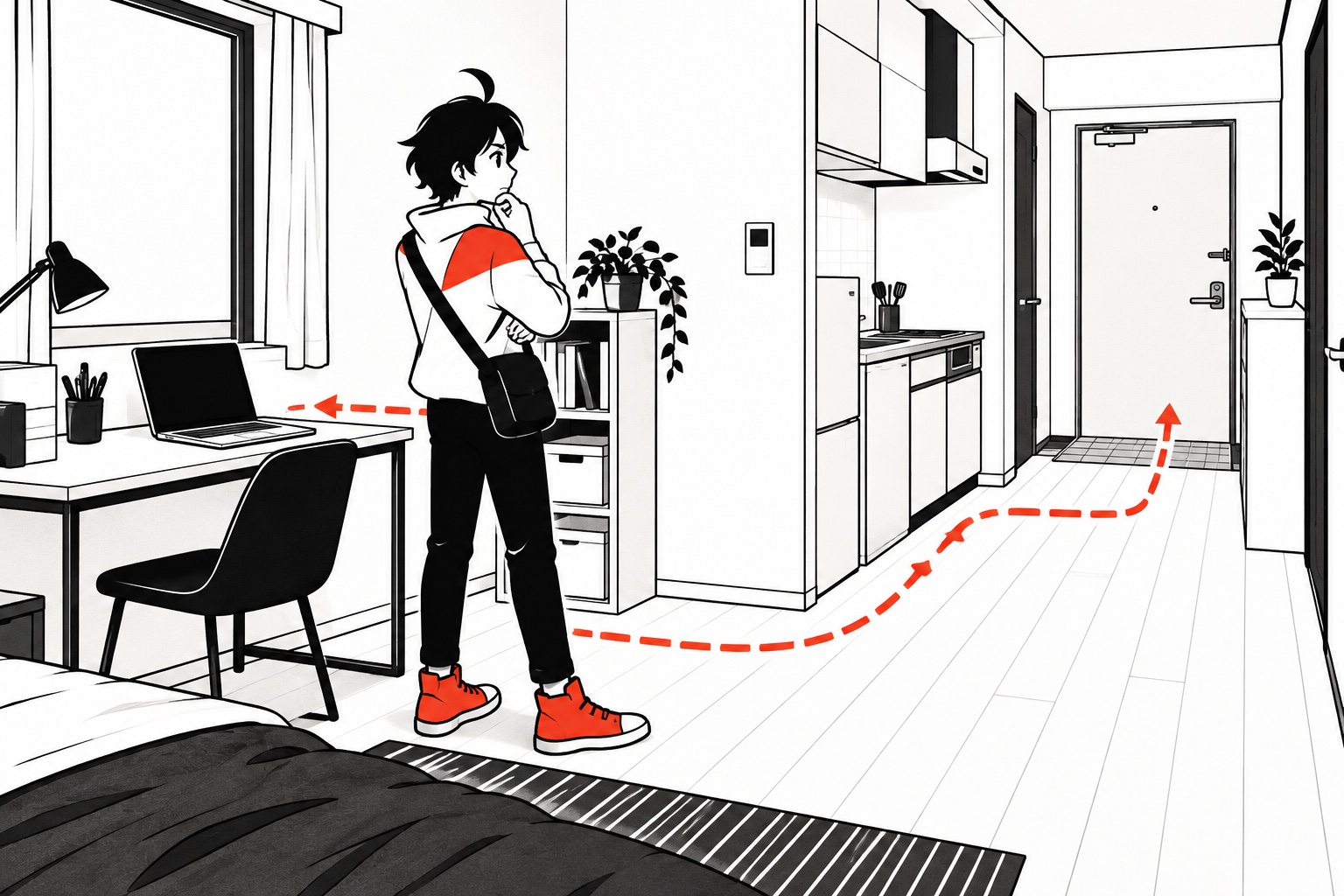 候補の部屋で作業机から玄関までの動線を確かめるビジュくん