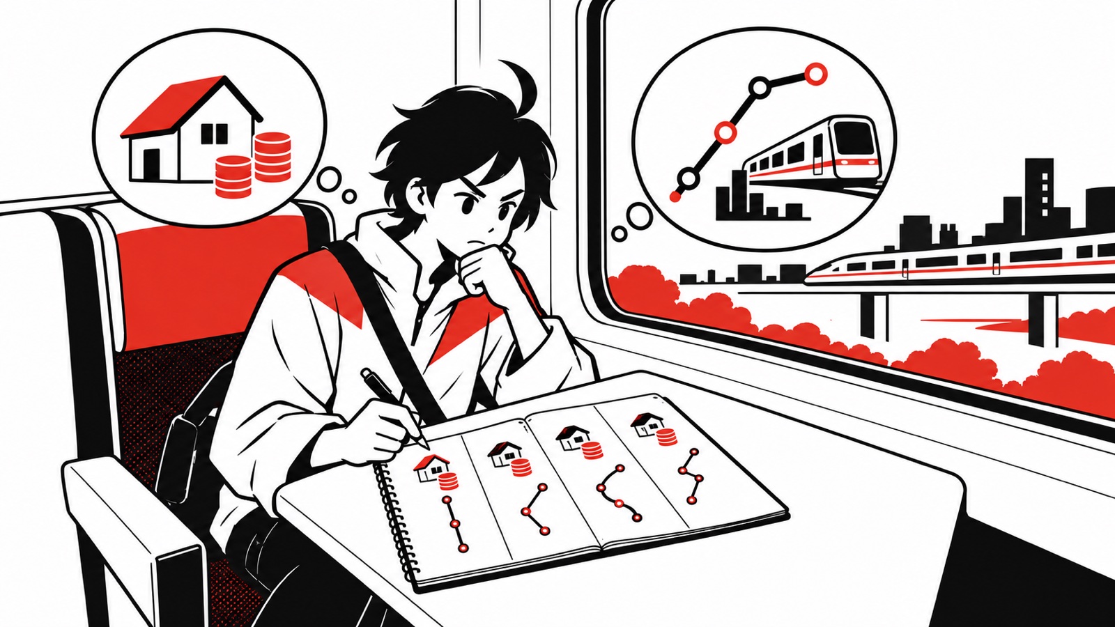 電車で住まいの費用と移動の負担をノートに整理するビジュくん
