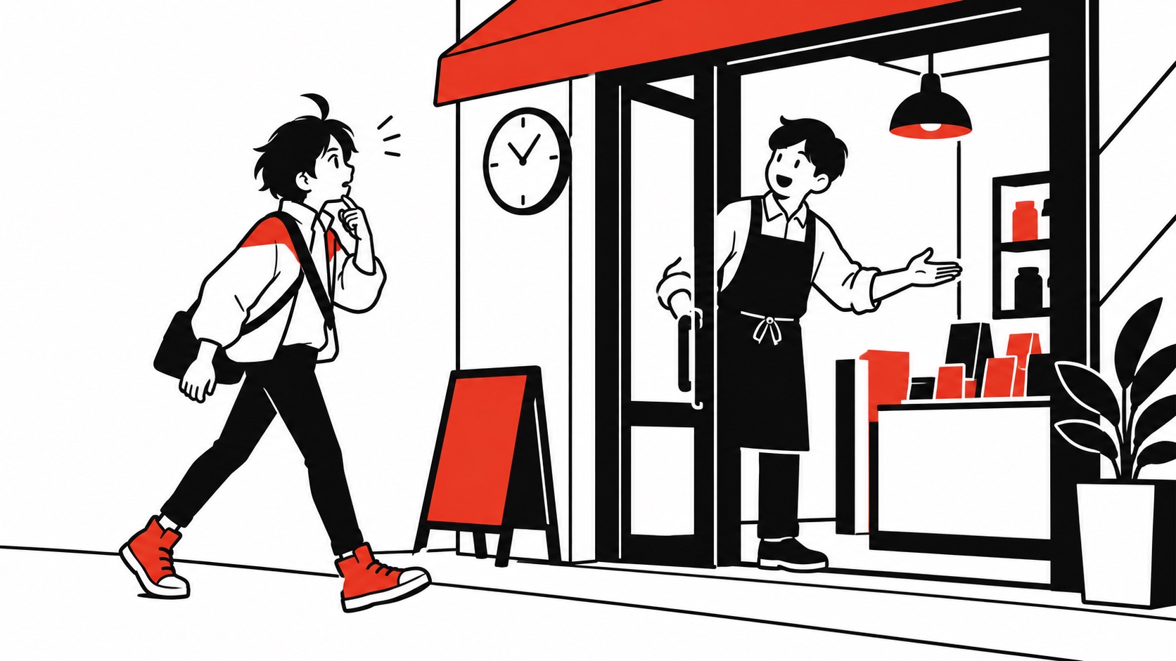 店先の掲示を見て、手元の下書きと照らし合わせるビジュくん
