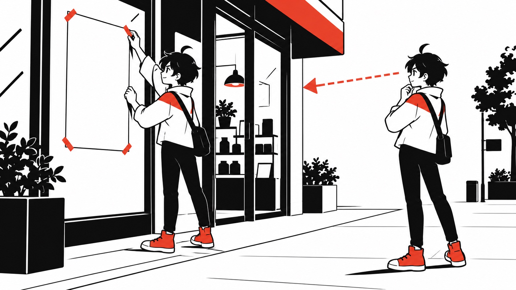 仮の案内を店の入口に置き、通行人の目線から確かめるビジュくん