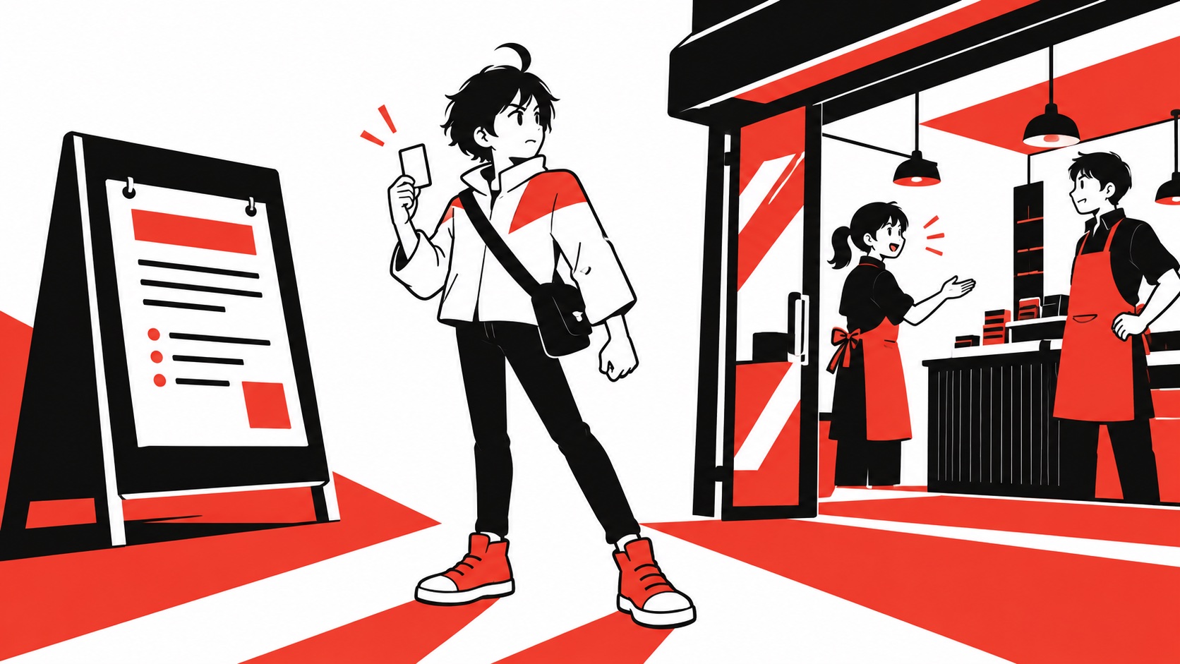 異なる営業時間の案内を前に、店先へ確かめに向かうビジュくん