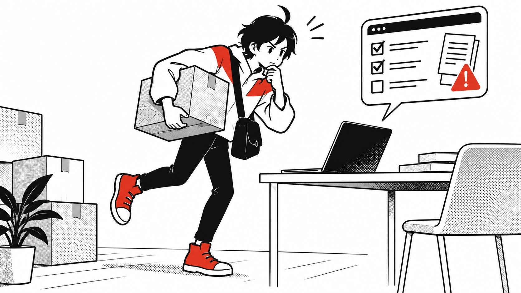 公式の制度ページを開き、引っ越しの箱を持ったまま立ち止まるビジュくん