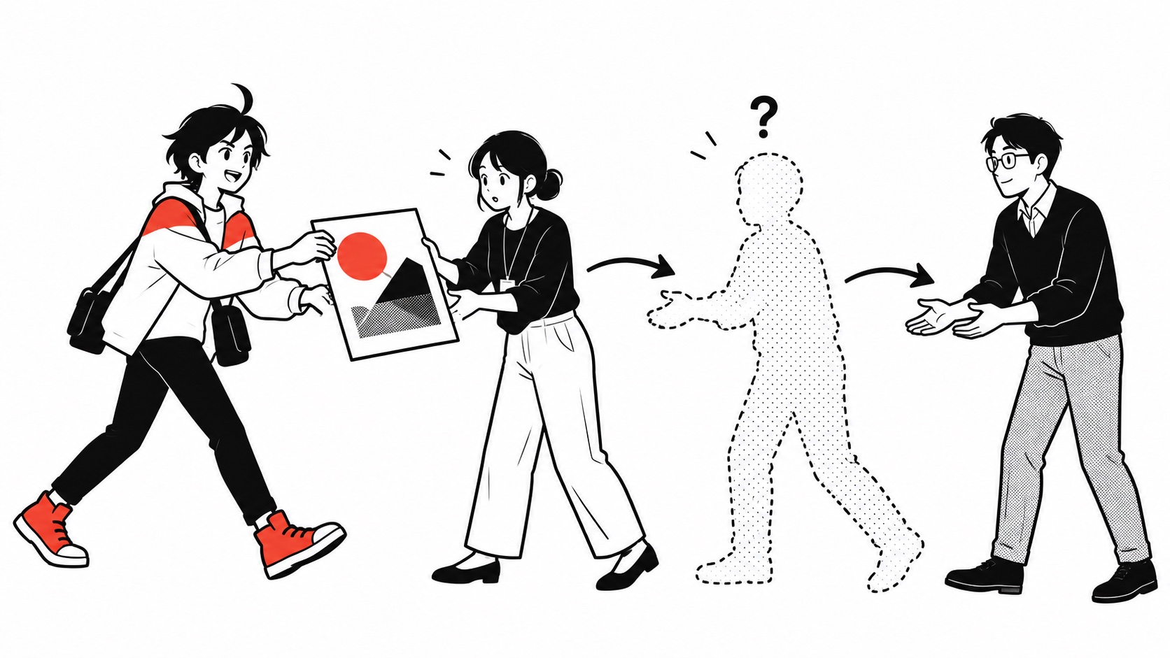 紙の試作品を手渡して、確認の行き先が抜けていることに気づくビジュくん