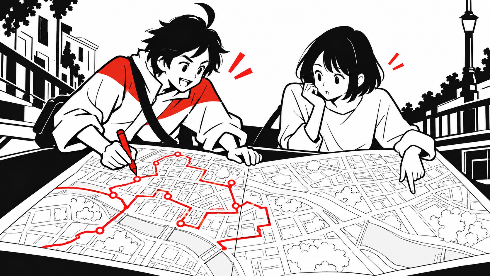 地図の上で自分が歩いた道ばかり示し、相手の視点に気づくビジュくんのイメージイラスト